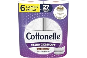 Cottonelle Ultra Comfort Toilet Paper with Cushiony CleaningRipples Texture, Strong Bath Tissue, 6 Family Mega Rolls (6 Family Mega Rolls = 27 Regular Rolls), 325 Sheets per Roll