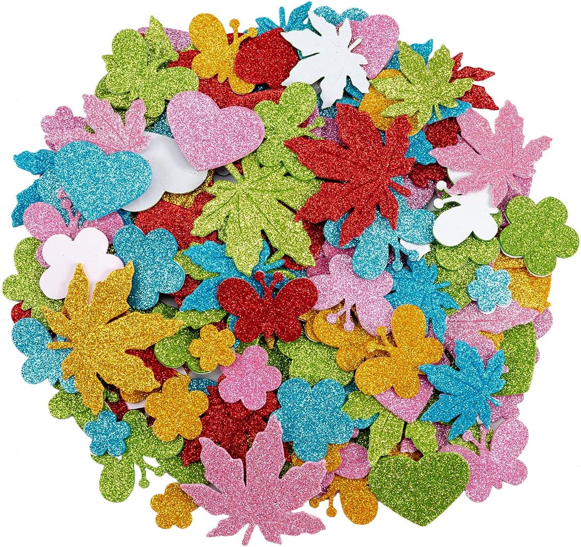 Alphatool 320 Pcs Colorful Glitter Foam Stickers- Self Adhesive Star, Heart, Clover&Flower Shapes Foam Sticker for Children Kids Arts Craft Supplies Greeting Cards Homemade Home Decoration (Mixed)