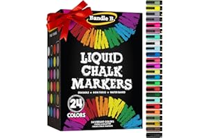 Bandle B. Chalk Markers - 24 Vibrant, Erasable, Non-Toxic, Water-Based, Reversible Tips. For Glass or Chalkboard Markers for Businesses, Restaurants, Liquid Chalk Marker (Vibrant 6mm)