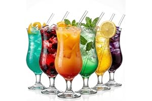 Large Hurricane Glass + Straw Set of 6 Pcs 15.5 Oz / 460 Ml Milkshake, Mojito, Margarita, Sangria, Pina Colada Glasses, Stemm