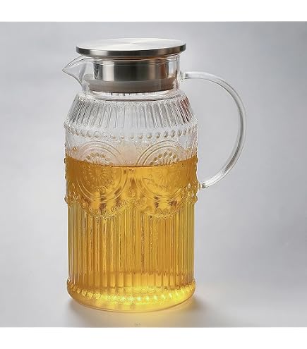 Amzcku 68 Oz Glass Pitcher With Lid - 2 Liter Vintage Style, Heat Resistant Beverage Carafe