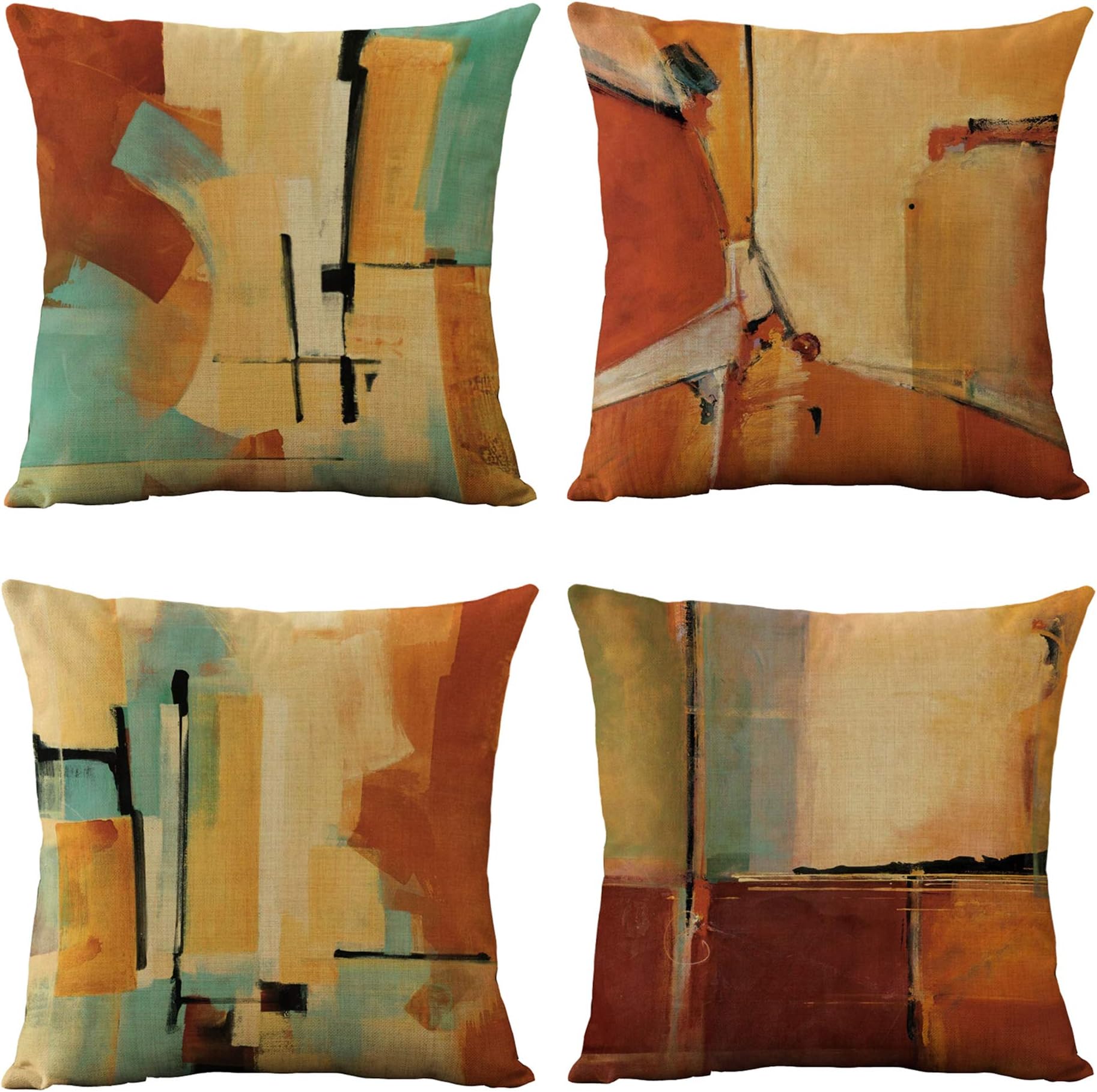 WOMHOPE Set of 4 Retro Throw Pillow Covers Oil Painting Burlap Toss Decoration Pillow Cases Square Cushion Cases 18 x 18 Inch for Living Room,Couch and Bed (Orange)