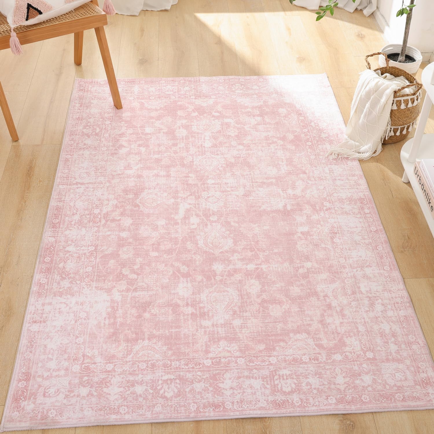 Photo 1 of FROZZUR Boho Pink Area Rug 3x5 Washable Vintage Rug for Bedroom Kitchen Dining Room, Non Slip Distressed Entryway Rugs for Home Office Decor Pink