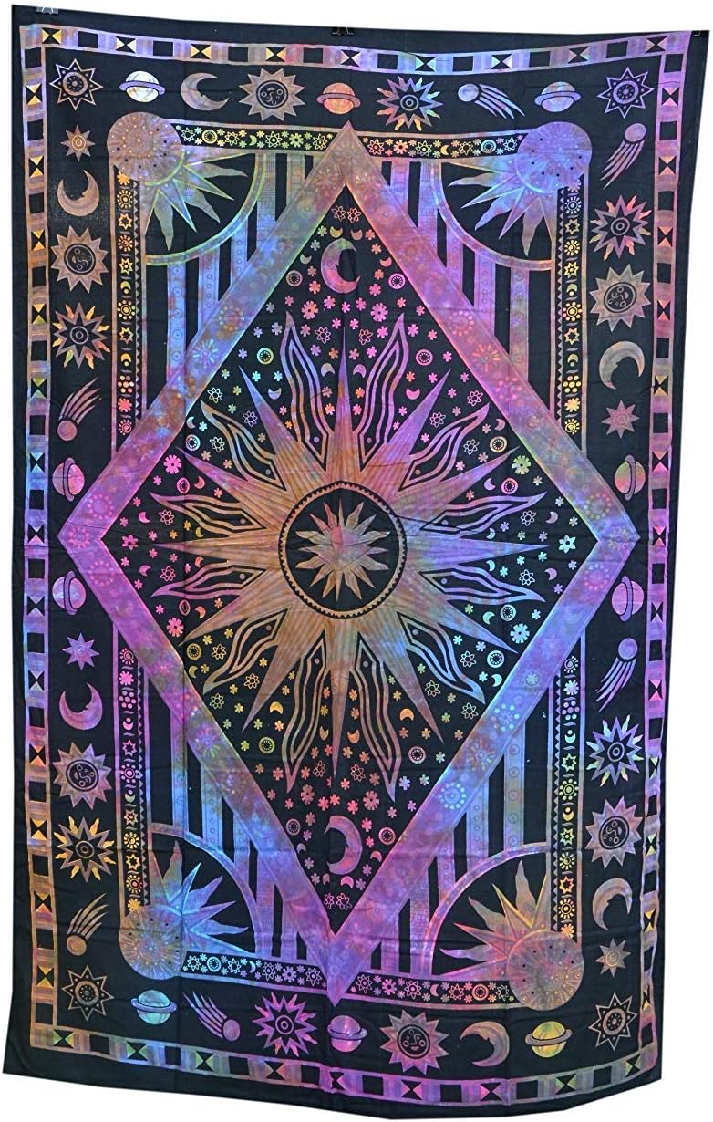 Queen Tie Dye Purple Burning Sun Tapestry Celestial Moon Planet Bohemian Wall Hanging Boho Hippie Beach Coverlet Curtain Multi-Color Art Dorm Home Decor Throw Indian Tapestries Cotton Bedspread