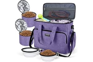 BAGLHER Dog Travel Bag, Airline Approved Pet Tote Organizer with Multi-Function Pockets, 2 X Food Storage Containers and 2 X Collapsible Dog Bowls, Perfect Weekend Pet Travel Set for Dog, Cat Purple