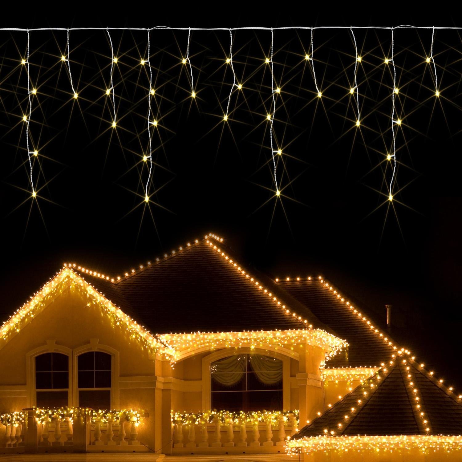 JnDee Safe Voltage Fully Weatherproof Icicle Christmas Fairy Lights Warm White 400 LED 10M Wide 80 Drops Plus a Massive 10M Lead Cable, 8 Modes, 8H Timer