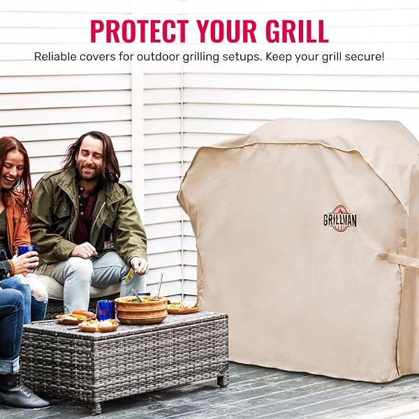 GRILLMAN GRILL COVER, BBQ OUTDOOR GRILL COVERS, CHARCOAL, GAS GRILLS, WATERPROOF, RIP-PROOF, WEATHER-RESISTANT, ANTI-UV, BARBECUE COVER FOR WEBER, GENESIS, CHARBROIL, NEXGRILL, ETC (TAN, 60 INCH)
