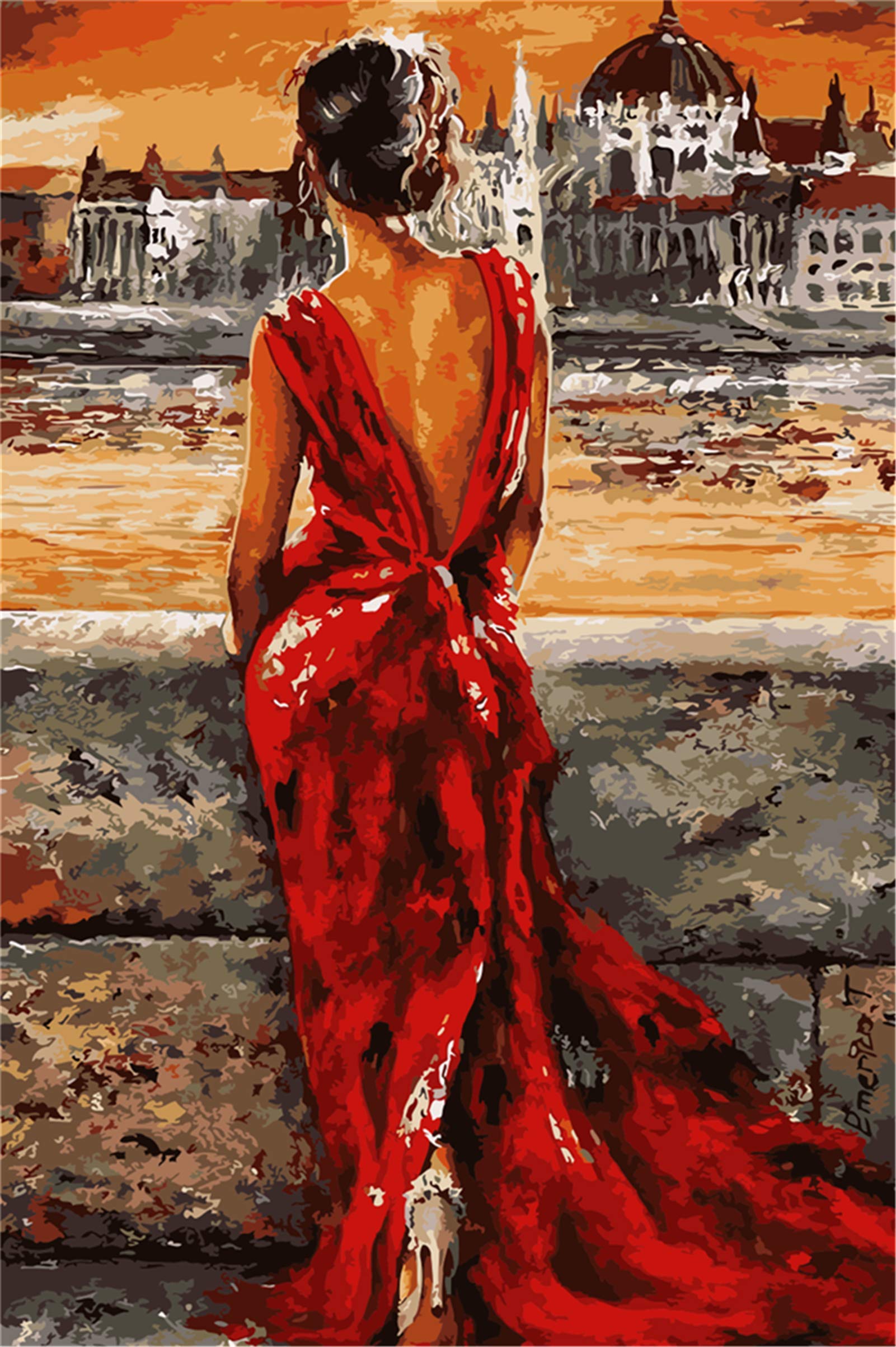 YEESAM ART Paint by Numbers for Adults Beginners Pretty Red Dress Woman 16x20 inch Linen Canvas Acrylic DIY Number Painting Kits Wall Art Decor Gifts (Framed)
