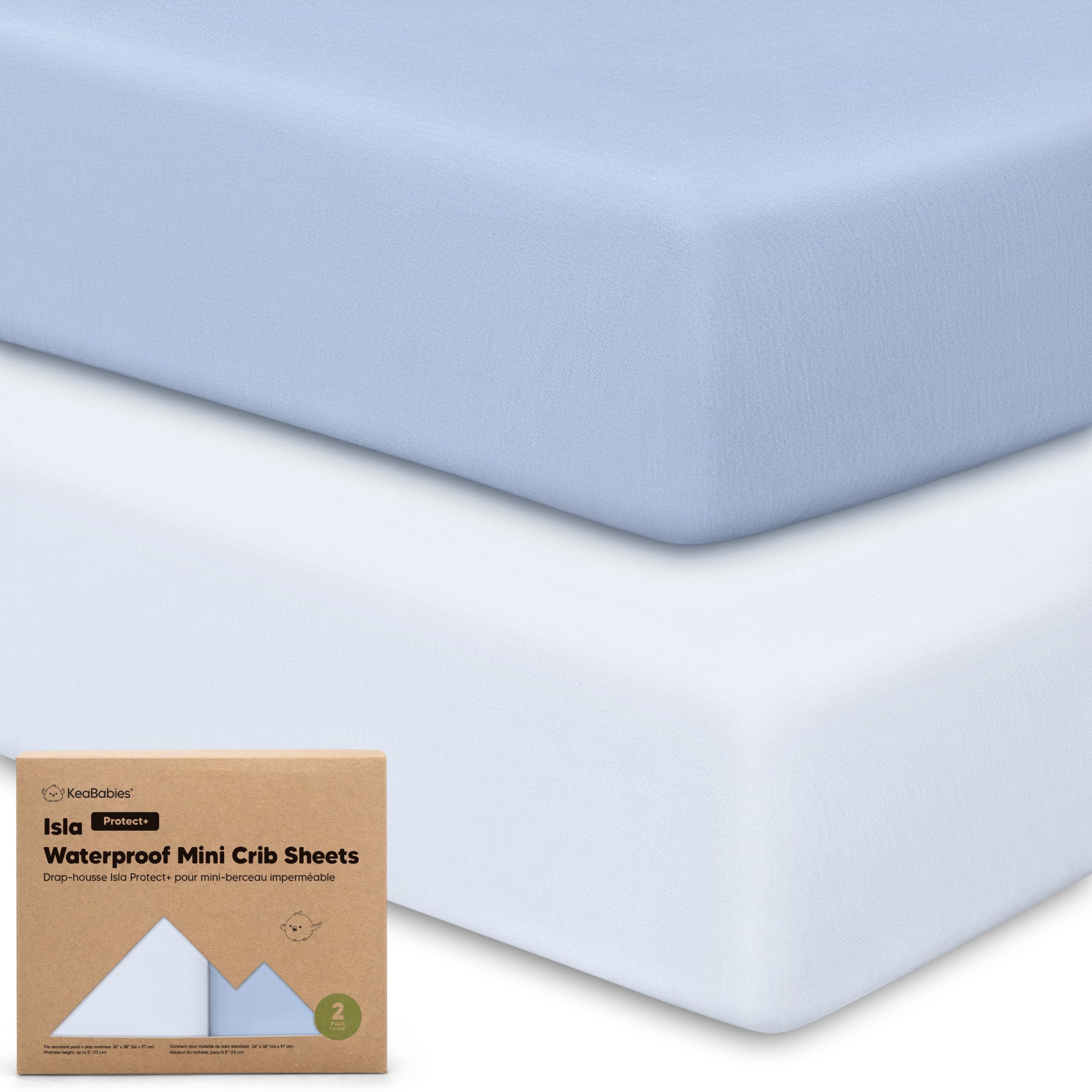 Photo 1 of 2-Pack Waterproof Pack and Play Sheets, Mini Crib Sheets Fitted for Boy, Girl - 38 x 26 Viscose from Bamboo Pack N Play Mattress Sheets for Graco, Toddler Playard Baby Crib Sheets Neutral (Blue Flax)