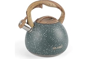 BELANKO 2.7 Quart Tea Kettle for Stovetops - Food Grade Stainless Steel Teapot with Loud Whistle, Cool-Touch Wood Pattern Handle, Rust-Resistant Whistling Kettle - Starry Green