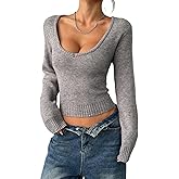 LOFAAC Women Sexy Deep V Neck Knitted Crop Sweater Top Casual Solid Slim Fit Long Sleeve Ribbed Pullover Jumper Tops
