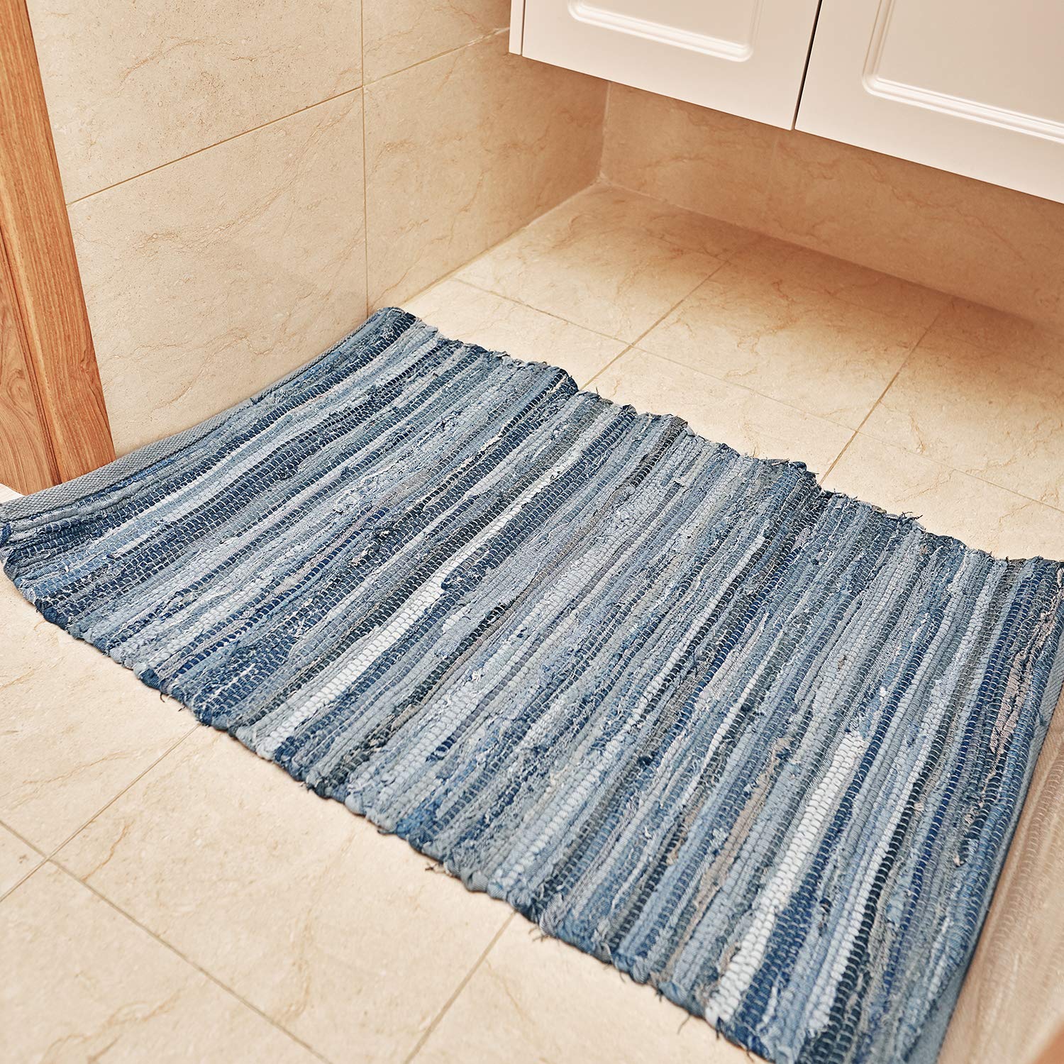 MOTINI Hand Woven Denim Reversible Laundry Room Kitchen Rag Rug Washable Recycled Thick Cotton Contemporary Blue Striped Floor Entryway Throw Rug for Bathroom,2\'×3\'