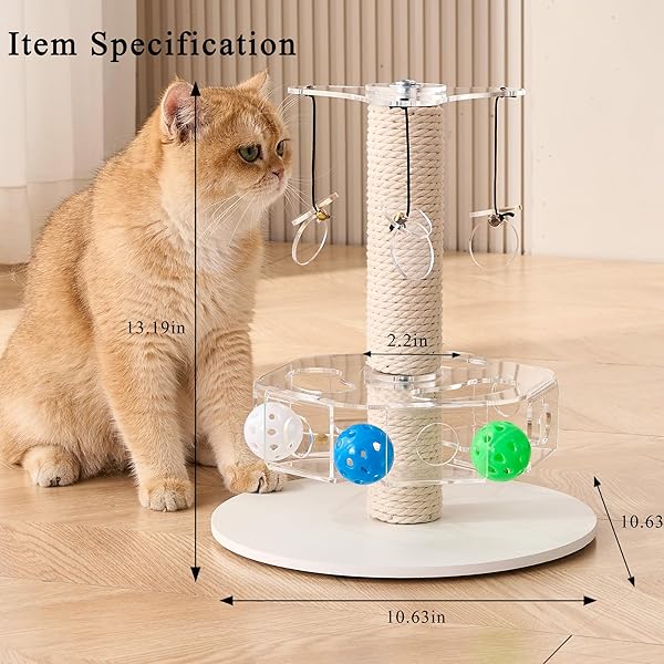 KICARI MODERN 3-IN-1 INTERACTIVE CAT TOY, ROTATING PUZZLE BOX CAT PUZZLE TOYS FOR INDOOR CATS WITH COLORFUL JINGLE BALLS, SMALL SCRATCHING POST, SPINNING TEASER DISC WITH DANGLING TOYS, ACRYLIC WHITE