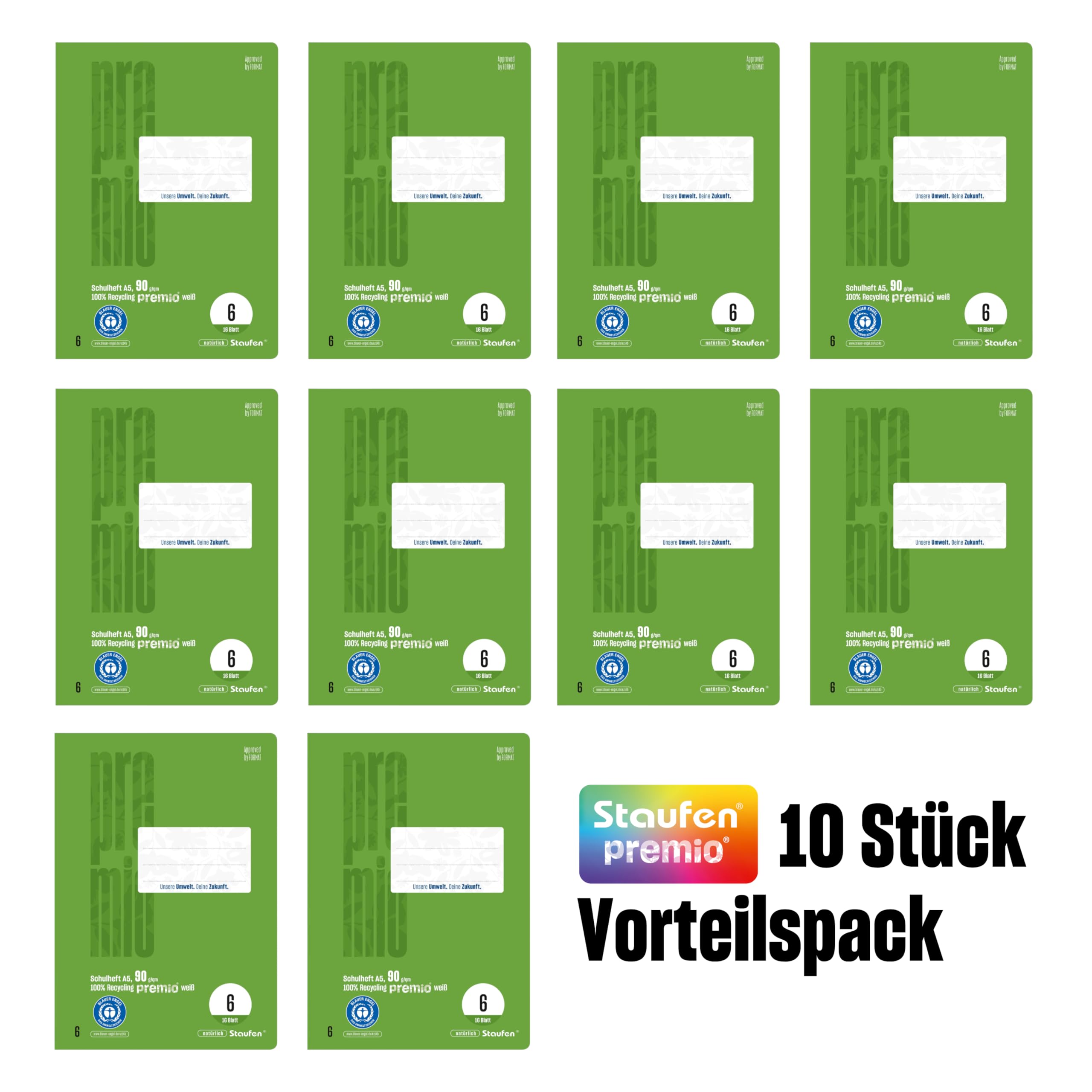 Staufen premio Schulheft - 10 Hefte je 16 Blatt, DIN A5, Lineatur 3 (14 Doppellinien), 90 g/m² Recyclingpapier, runde Ecken verhindern „Eselsohren“ 2