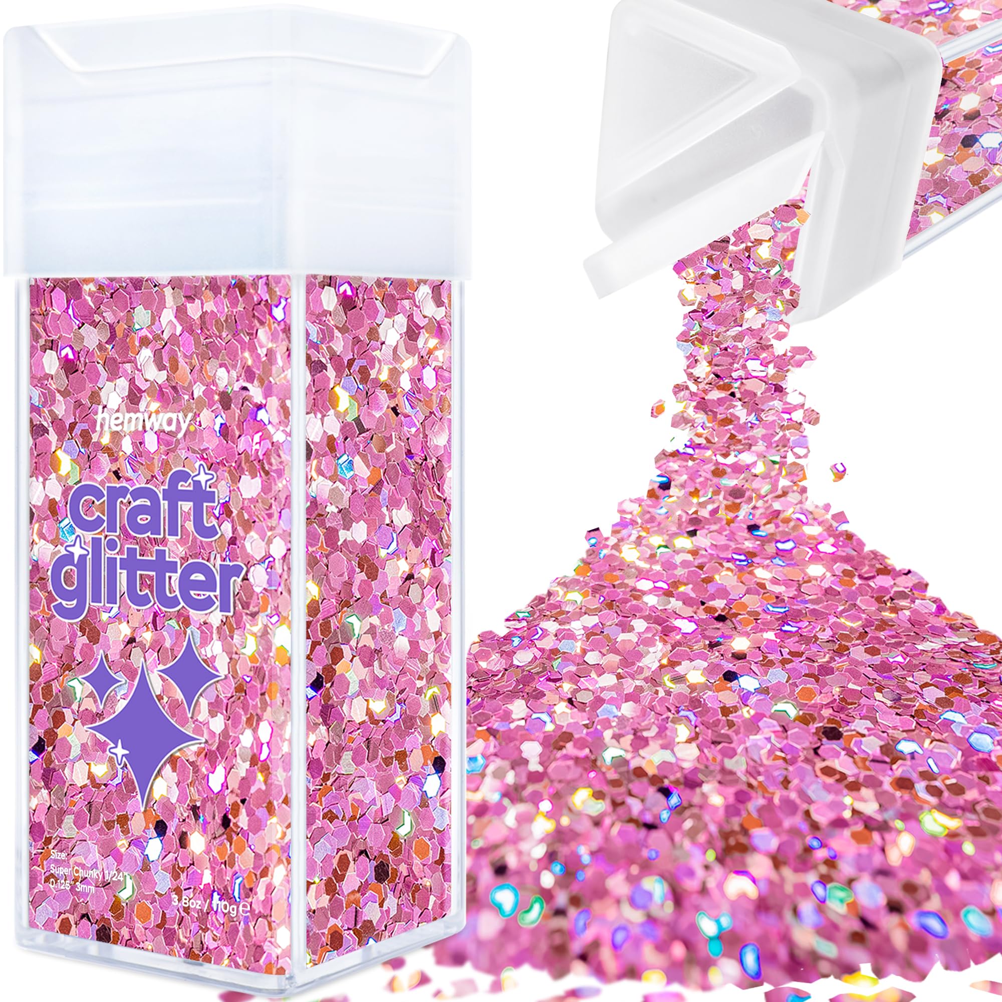Hemway Glitter Shaker Pink Holographic 110g Super Chunky, Craft Glitter Shaker for Resin & Epoxy Crafts, Christmas Art Supplies, Nail, Body, Face, Eye, Festival, Crafting, Slime, Sparkle