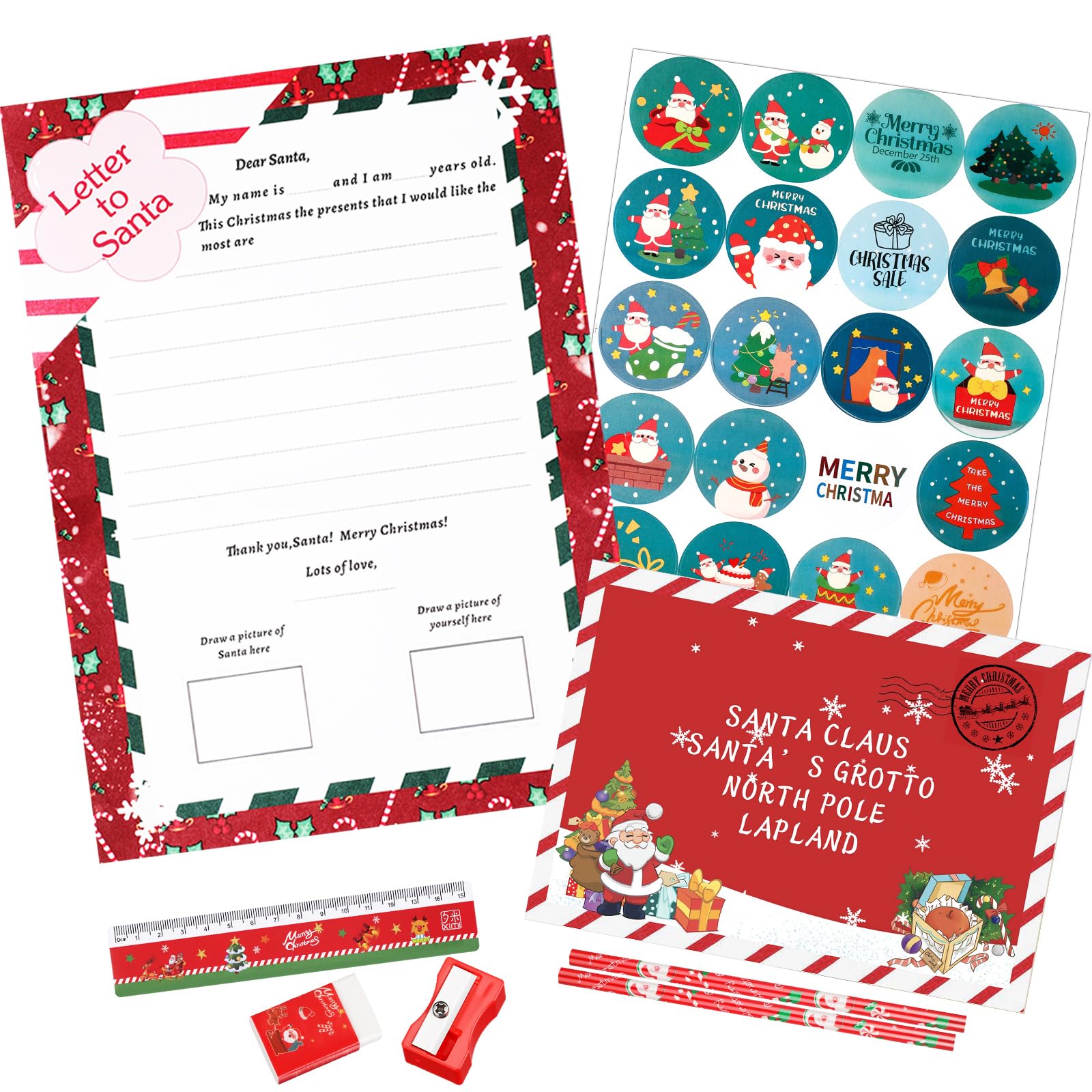 Clabby 4 Pcs Letter to Santa Kit Father Christmas Writing Set Includes Envelopes, Sticker Sheet, Dear Santa Letter and Stationery Supplies for Kids