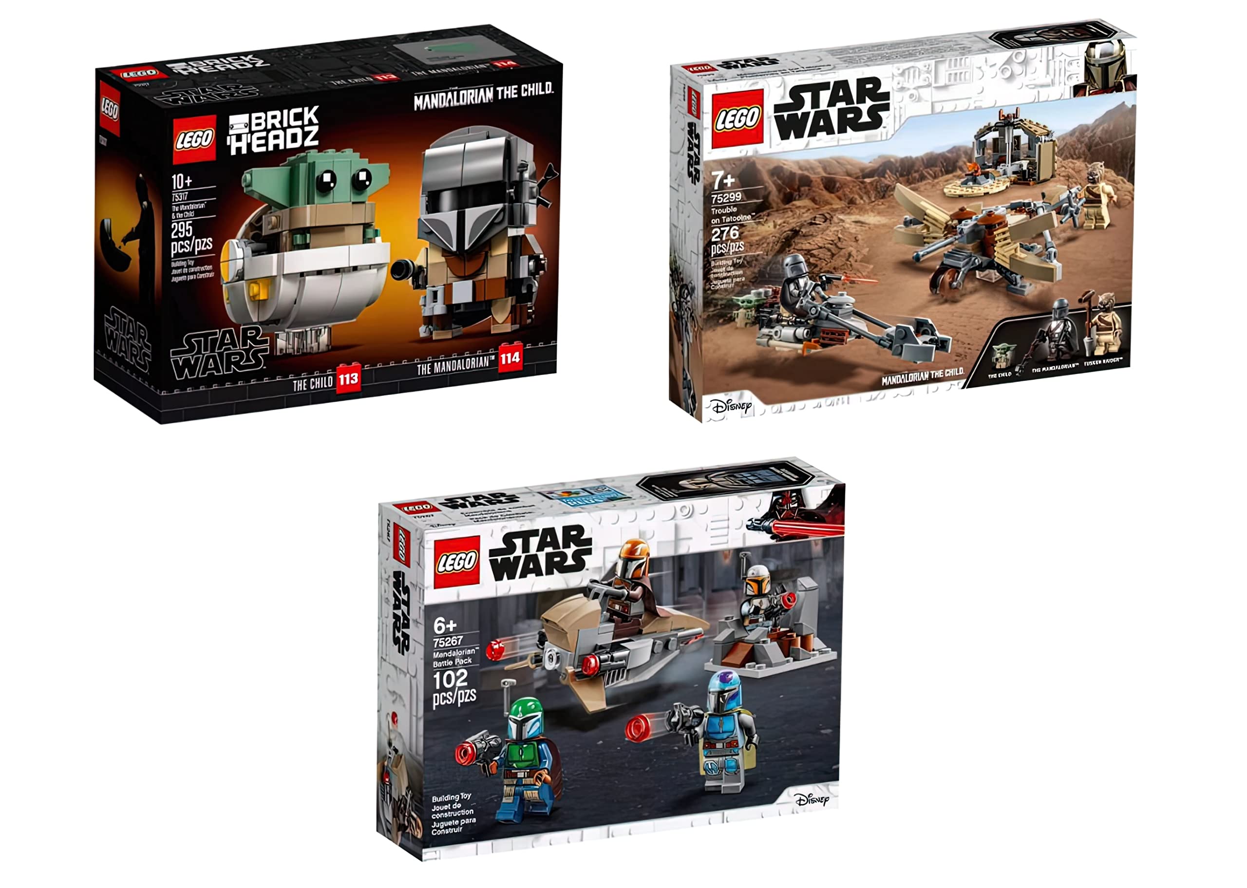 LEGO Star Wars Bundle BrickHeadz The Child & Mandalorian 75317 / Trouble on Tatooine 75299 / Battle Pack Shock Troopers and Speeder Bike Building Kit 75267 Toy Set