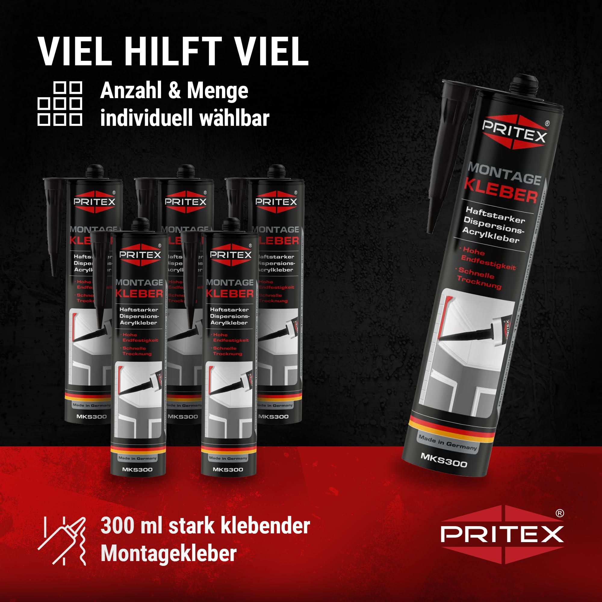 PRITEX – Profi Montagekleber Weiß 10x 300 ml – Baukleber für Holz-Paneele, Kabelkanäle, Sockelleisten, Styropor, Fliesen, Beton uvm. – haftstarker Universalkleber auf Acrylatdispersion-Basis für innen 4