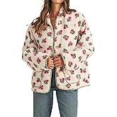 Dqbeng Womens Floral Sherpa Fleece Jacket Long Sleeve Button Up Oversized Casual Teddy Coats Outerwear with Pockets (Cream-M)
