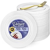 200 Pcs White Plastic Dessert Plates for Weddings and Gold Plastic Forks, 7.5" Wedding Cake Plates and Forks, Elegant Salad/ Appetizer Plates Disposable for Party, Thanksgiving, Reception