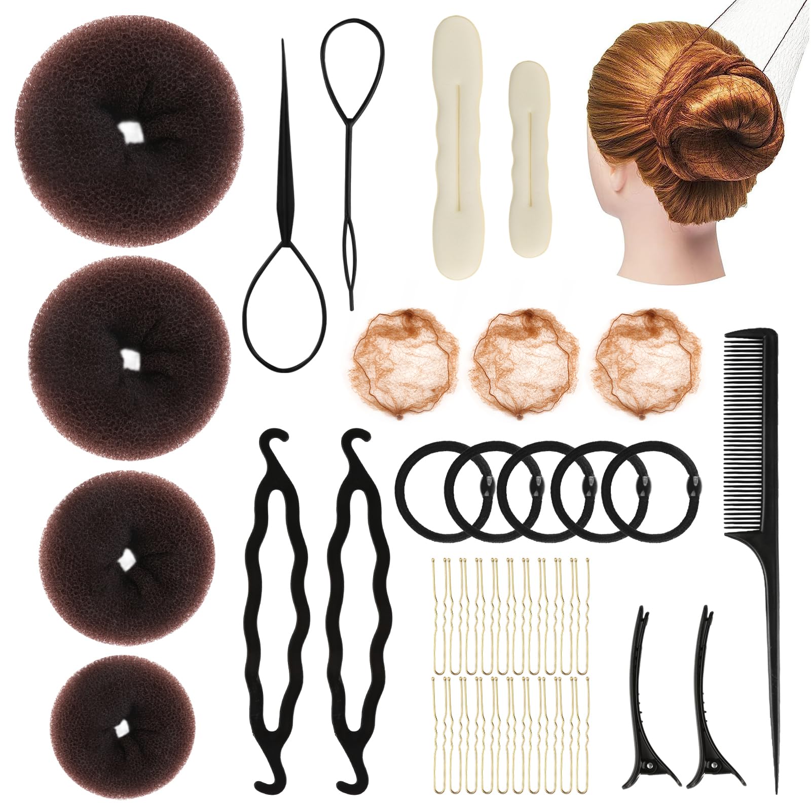 Donut Hair Bun Maker Set, 39 Piece Hairstyle Aid Set, Hair Styling Bun Cushion, Hairstyle Accessories with Bun Mat, Hair Bun Maker, Hair Net, Elastic Hair Band, Hair Pins for Women