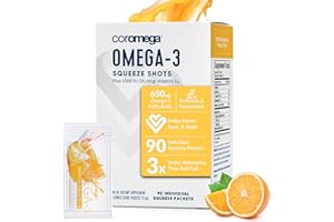 Coromega Omega 3 Fish Oil Supplement with Vitamin D3, 650mg of Omega-3s with 3X Better Absorption Than Softgels, Tropical Orange Flavor, 90 Single Serve Squeeze Packets