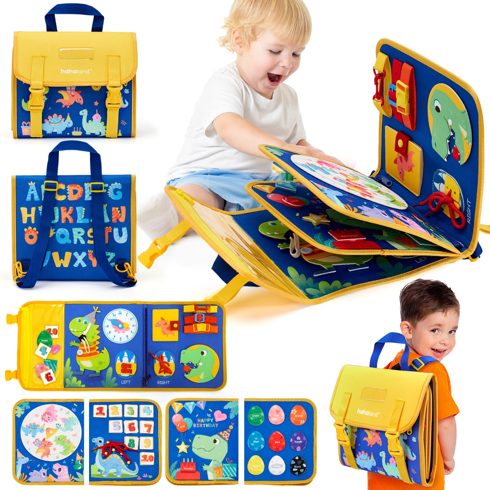 hahaland Montessori Busy Board for Children of 3+ Years Old, Activity Sensory Book Offers Preschool Educational Skill Learning, Quiet Travel Toys for Plane Car, Birthday Gifts for Girls - Dinosaur
