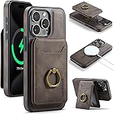 Oidealo Compatible with MagSafe Wallet Phone Case for iPhone 15 Pro Max, 2 in 1 Magnetic Detachable, Premium PU Leather Slim Shockproof 4 Card Holder RFID Blocking 360 Rotatable Ring Stand (Coffee)