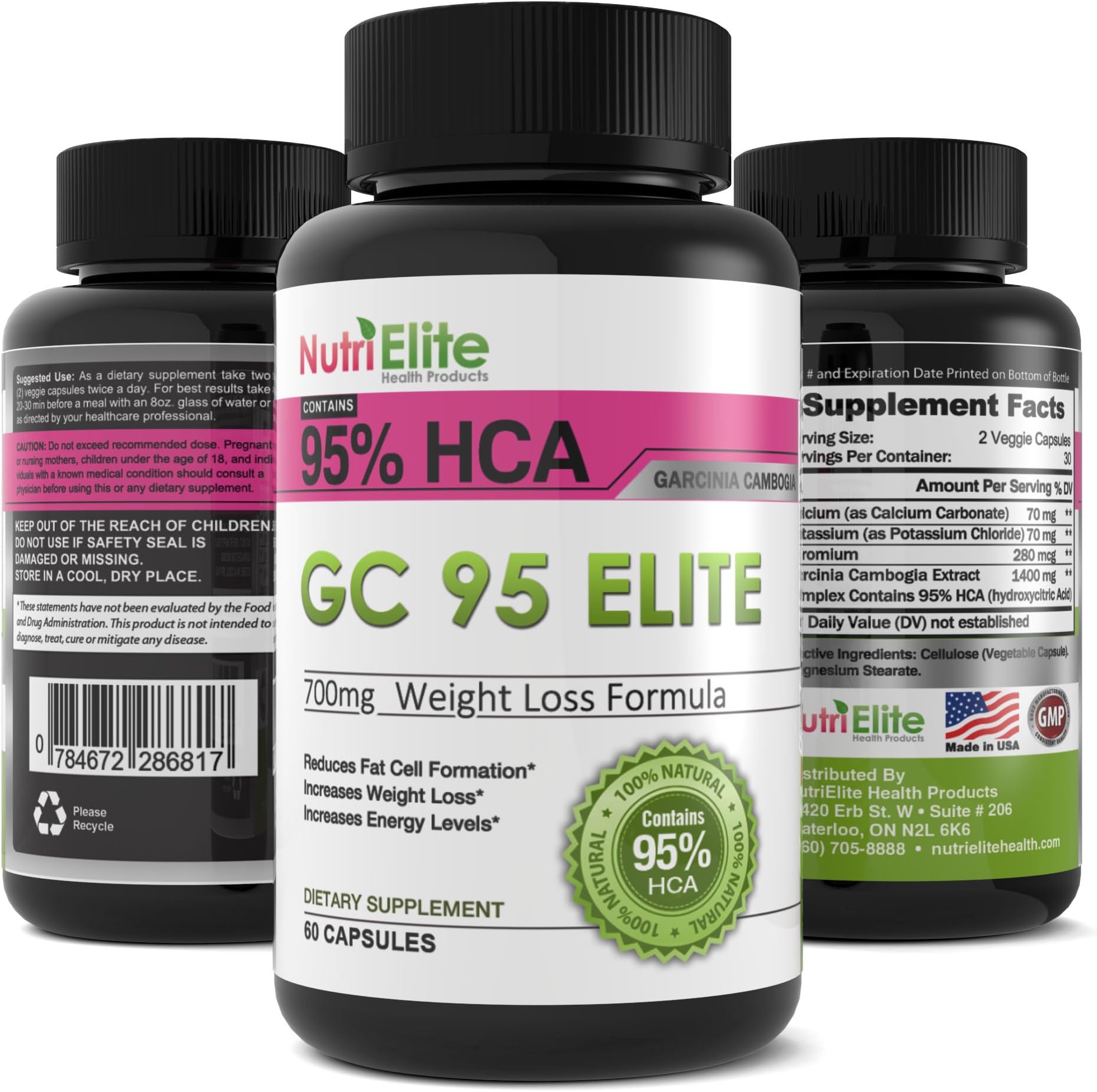 NutriElite 95% HCA Pure Garcinia Cambogia Extract ★ The Best Premium Powerful Appetite Suppressant and Leads To Full Time Energy and Assists With Slimming ★ Elite Weight Loss Products are All Natural ★ This Fat Burner Works With Colon Cleanse Pills Containing Psyllium Husk