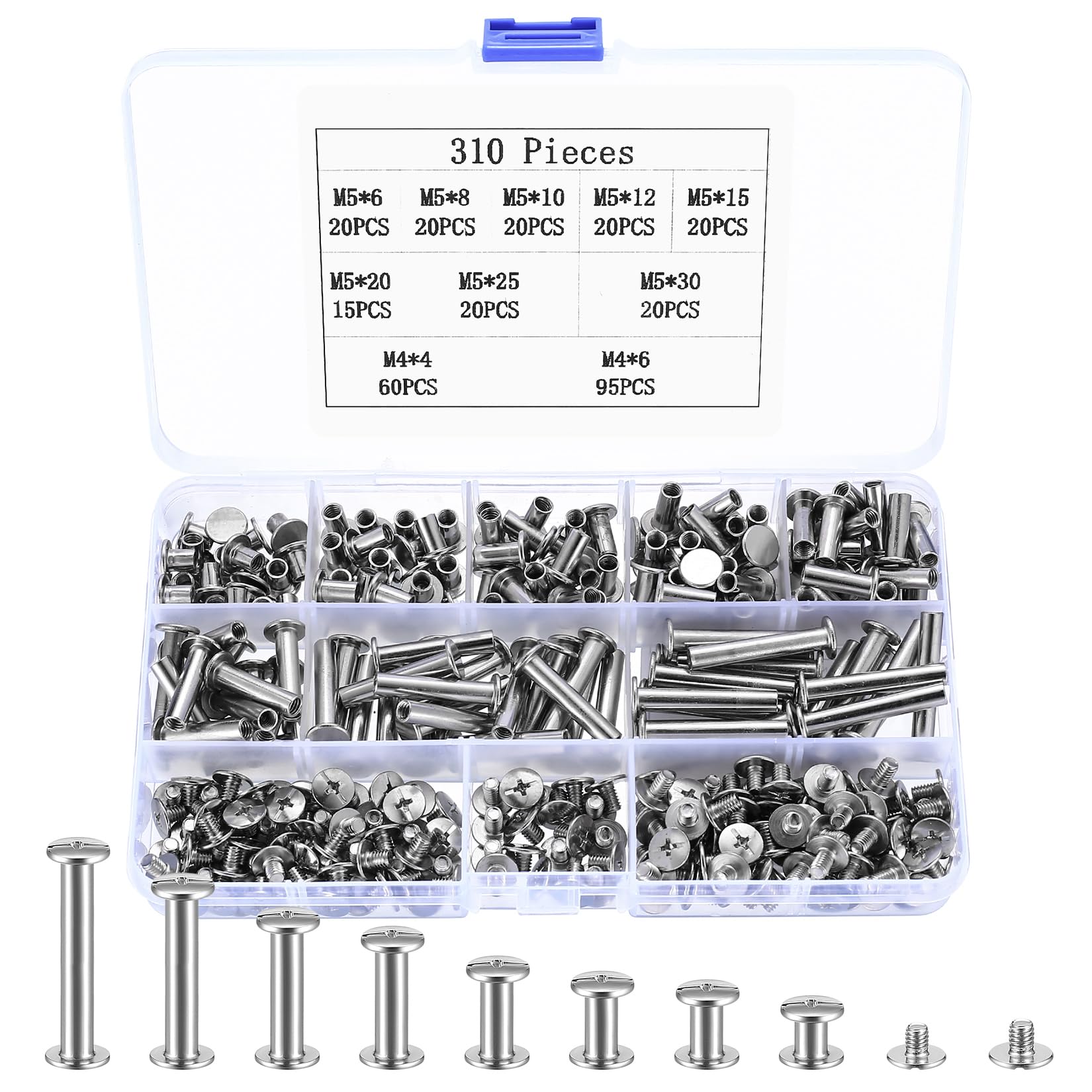 310 Pcs Chicago Screws, M5 Chicago Binding Screws Posts, Leather Rivets Kit, Book Binding Rivets Posts, Metal Flat Cross Head Screw Rivets for Belt Bags Harness Purse Dog Lead Bookbinding Screws