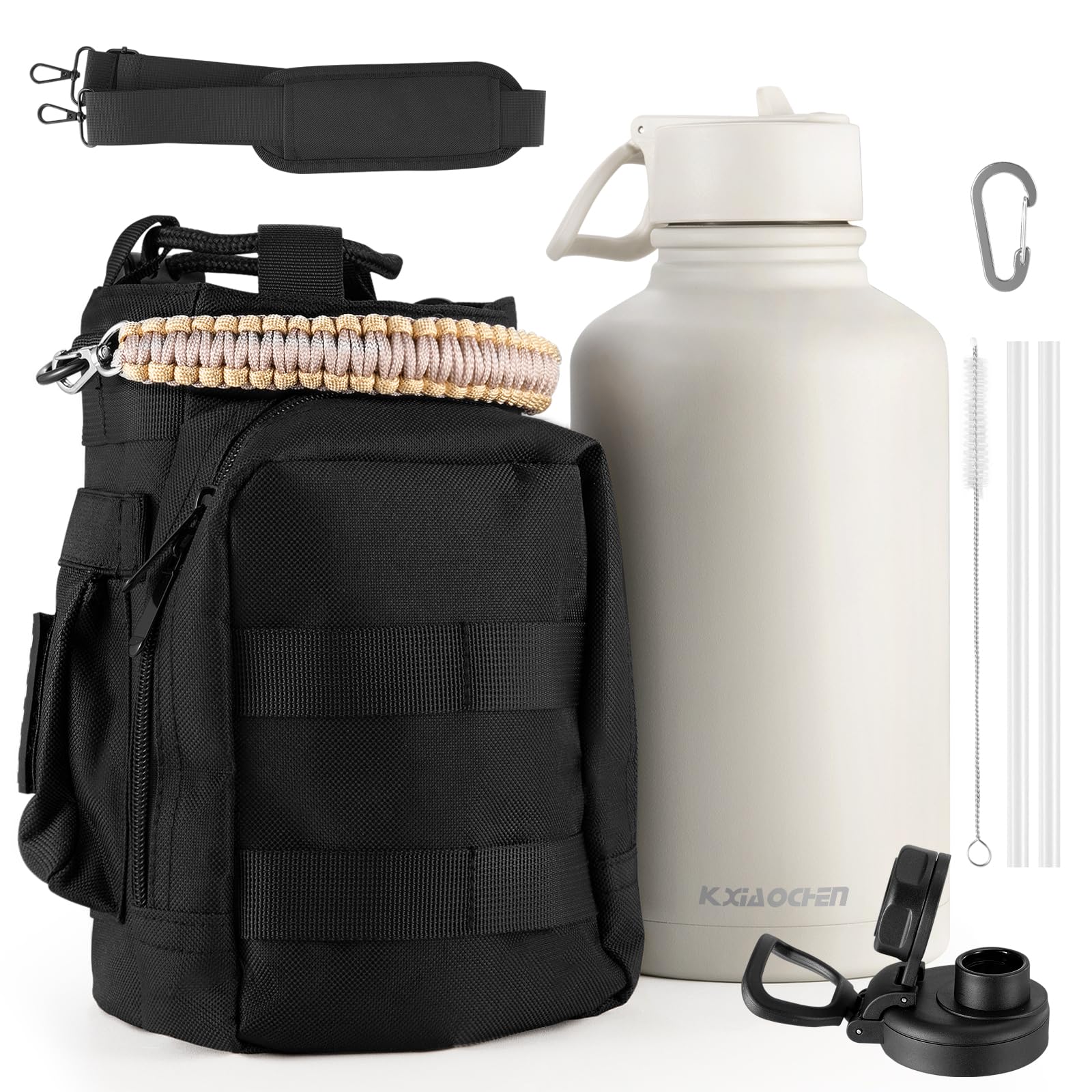 KXIAOCHEN 64oz Water Bottle with Sleeve,Stainless Steel Water Bottle with Carrier Bag,2 Lids (Straw and Handle Lid),Wide Mouth Metal Water Bottles Keep Hot and Cold, Triple Walled Image
