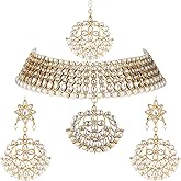 Aheli Green Pearl Kundan Choker Necklace with Earring Maang Tikka Indian Traditional Bollywood Fashion Jewelry Set Gift for Women