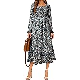 Dokotoo Boho Dresses for Women 2025 Casual Floral Square Neck Long Sleeve Smocked Elastic Waist Tiered Ruffle Hem Maxi Dress