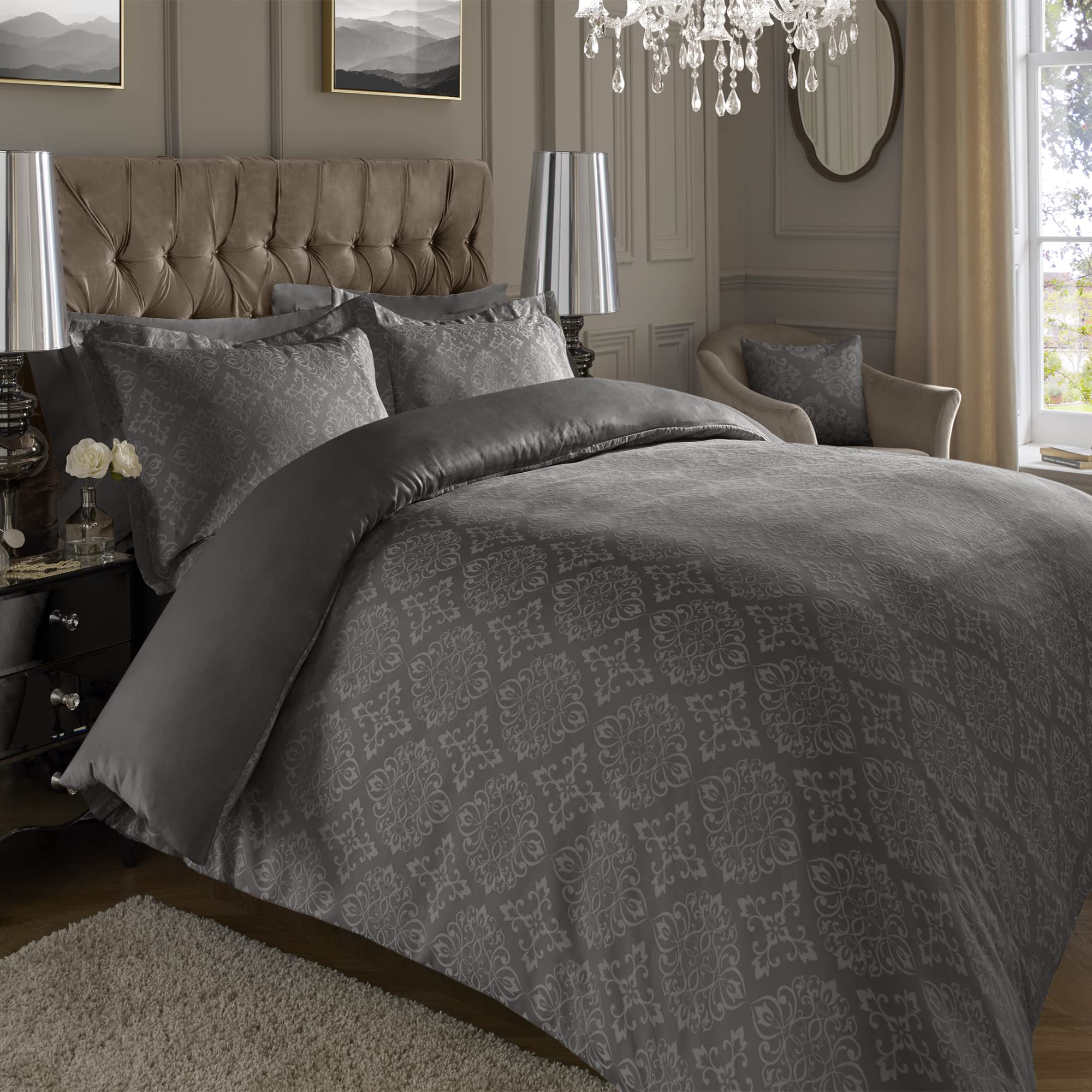 ED Luxury 600 Thread Count Jacquard Duvet Cover 3 Piece Set | Super Soft Cotton Rich & Warm Bedding | Damask Pattern Quilt Cover (Super King, Dark Grey Damask)