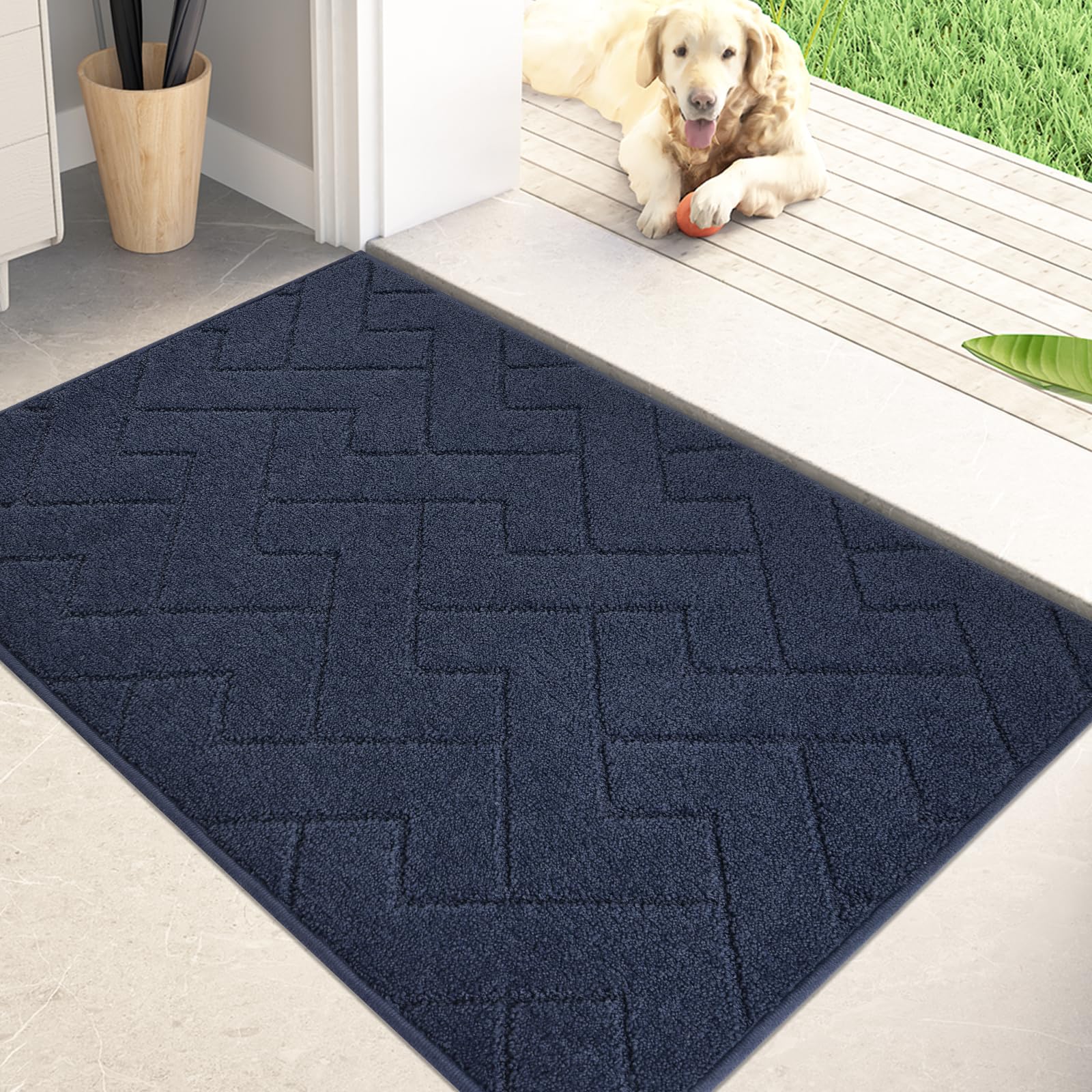 Photo 1 of PURRUGS Dirt Trapping Door Mat 24" x 35.5", Non-Slip Machine Washable Entry Rug, Shoe Scraper, Dog Doormat, Super Absorbent Welcome Mat for Front & Back Door, Muddy Wet Shoes & Paws, Navy Blue