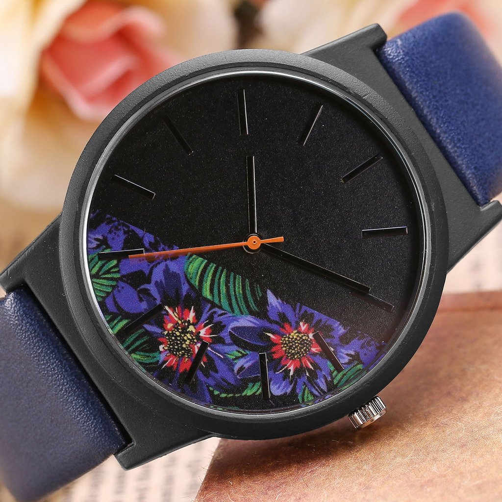 JSDDE Montre Femme Montre Fleur Style Basel Montre Noir Bracelet PU Cuir