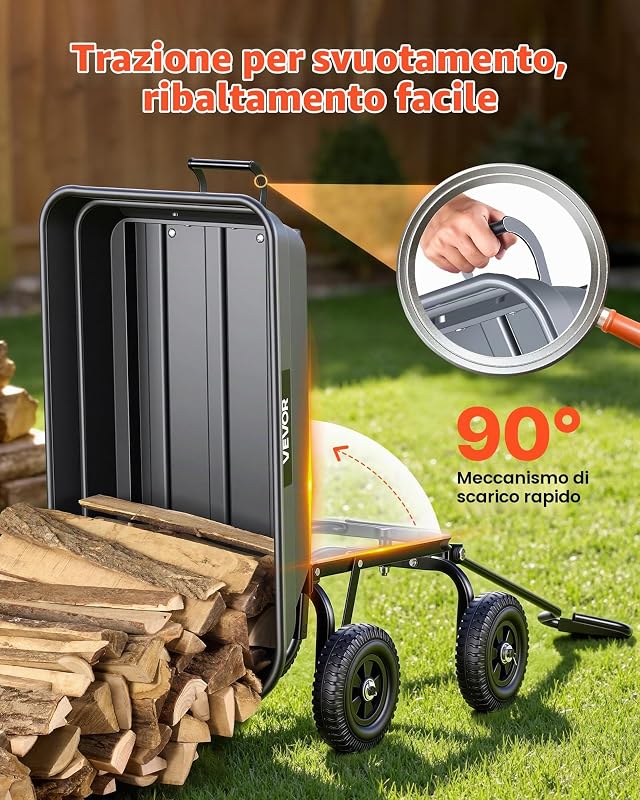 Carrello Ribaltabile per Giardinaggio Carico di 181 kg, con Meccanismo di Scarico Rapido, Ruote Girevoli, Cuscinetti Rotanti Flessibili, Carrello da Giardino per Piante, Terreno, Colture