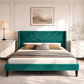 VECELO Upholstered Platform Queen Size Bed Frame with Fabric Headboard,Wooden Slats Support/No Box Spring Needed/Mattress Foundation,Dark Green