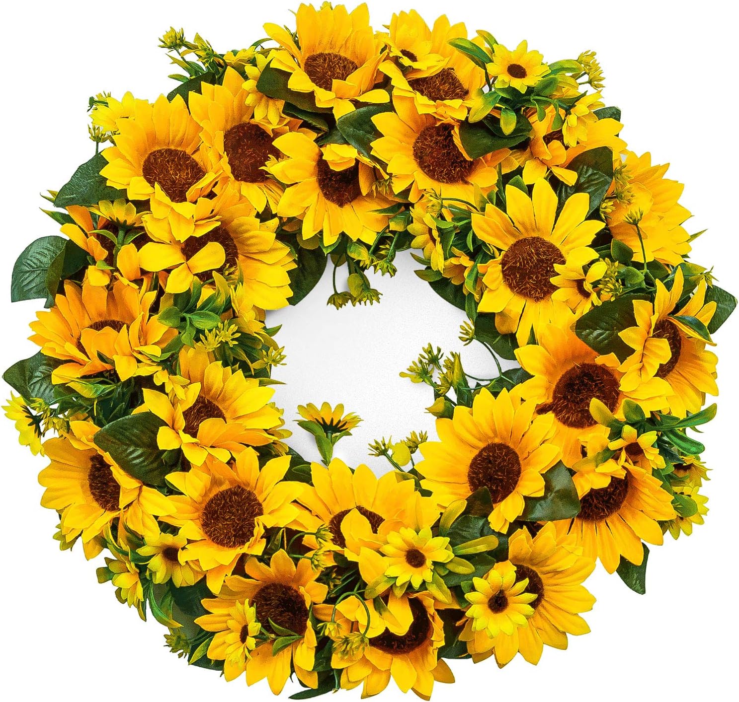 Junejour 15" Artificial Sunflower Wreath Flower Wreath Yellow Flower Door Wreath Summer Wreaths for Front Door with Green Leaves Spring Wreath Decoration Wedding Wall Home Decor