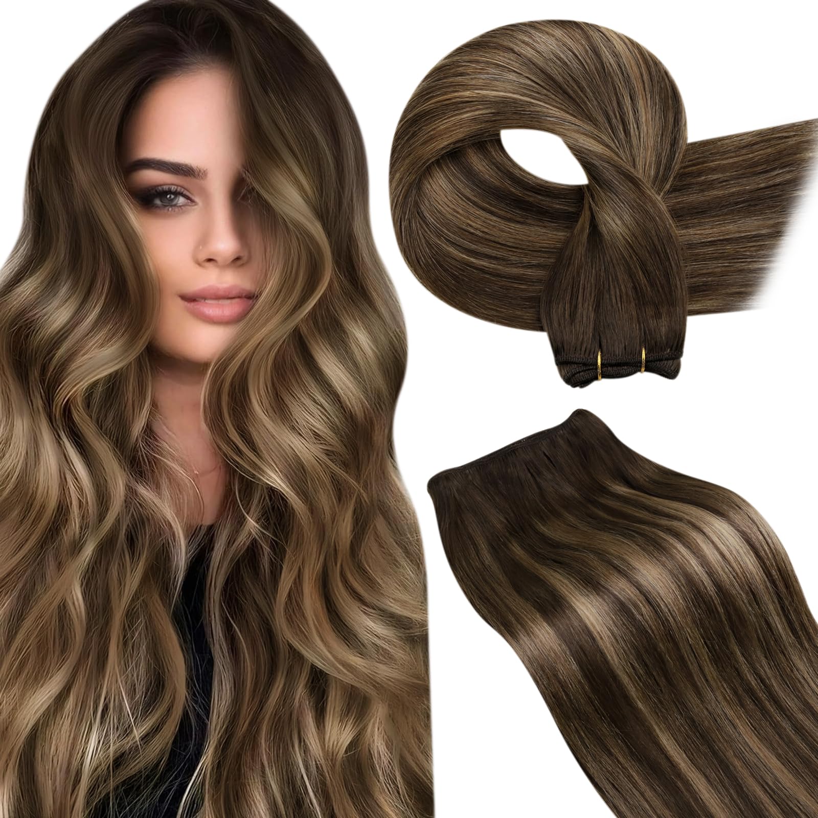 LaaVoo Weft Hair Extensions Real Human Hair Brown Sew in Hair Extensions 120g 24 Inch Full Head Straight Remy Balayage Dark Brown Mix Blonde Invisible Double Weft Weave #4/27/4 — image 1