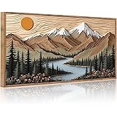 CHDITB Mountain Framed Wall Art, Long Horizontal Mountains Wall Decor, Sun Lake Pine Trees Nature Wall Painting, Modern Rustic Farmhouse Landscape Art Prints for Bedroom Office Decoration 20