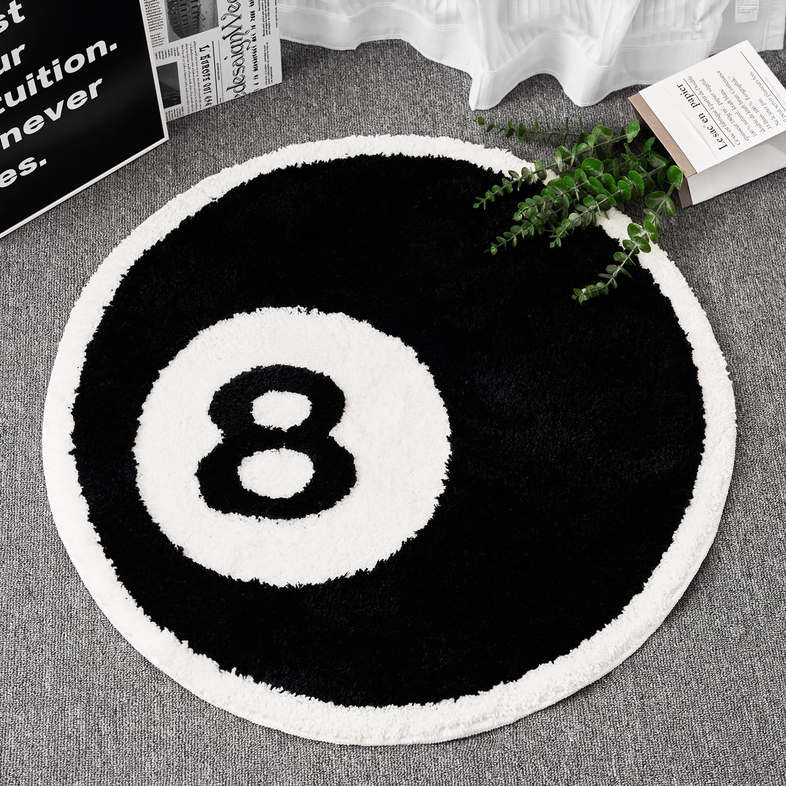 Photo 1 of ELDONE Black 8 Ball Rug, Cute Unique Cool Fun 2.7ft Round Area Rugs for Bedroom Bathroom Living Room Dorm Non Slip Washable Funky Aesthetic Bedroom Accent Floor Carpet, Funny Gift for Billiards Lovers