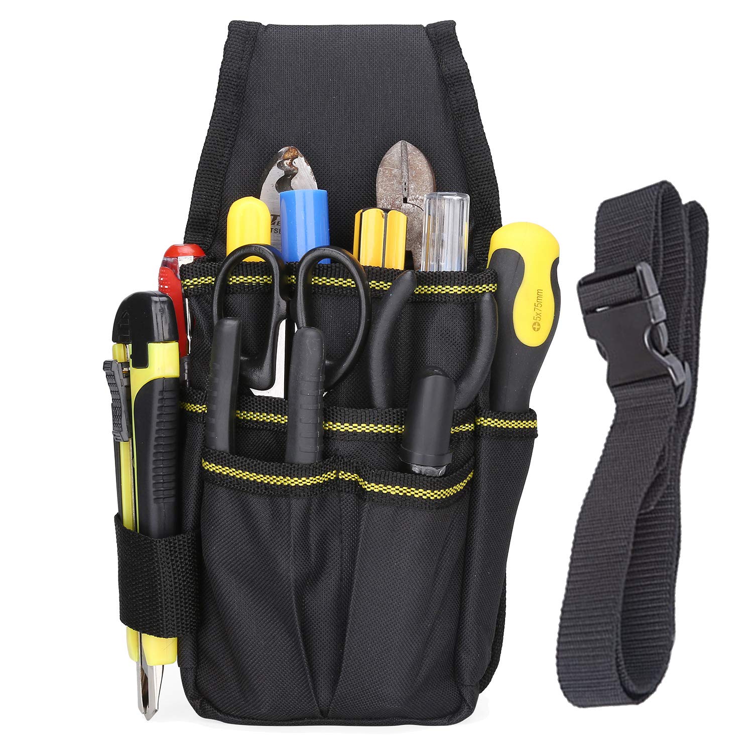 BAIGIO Tool Pouch Canvas Small Pocket Tool Bag with Adjustable Nylon Belt for DIY Electricians Carpenters Joiner Builders (Black)