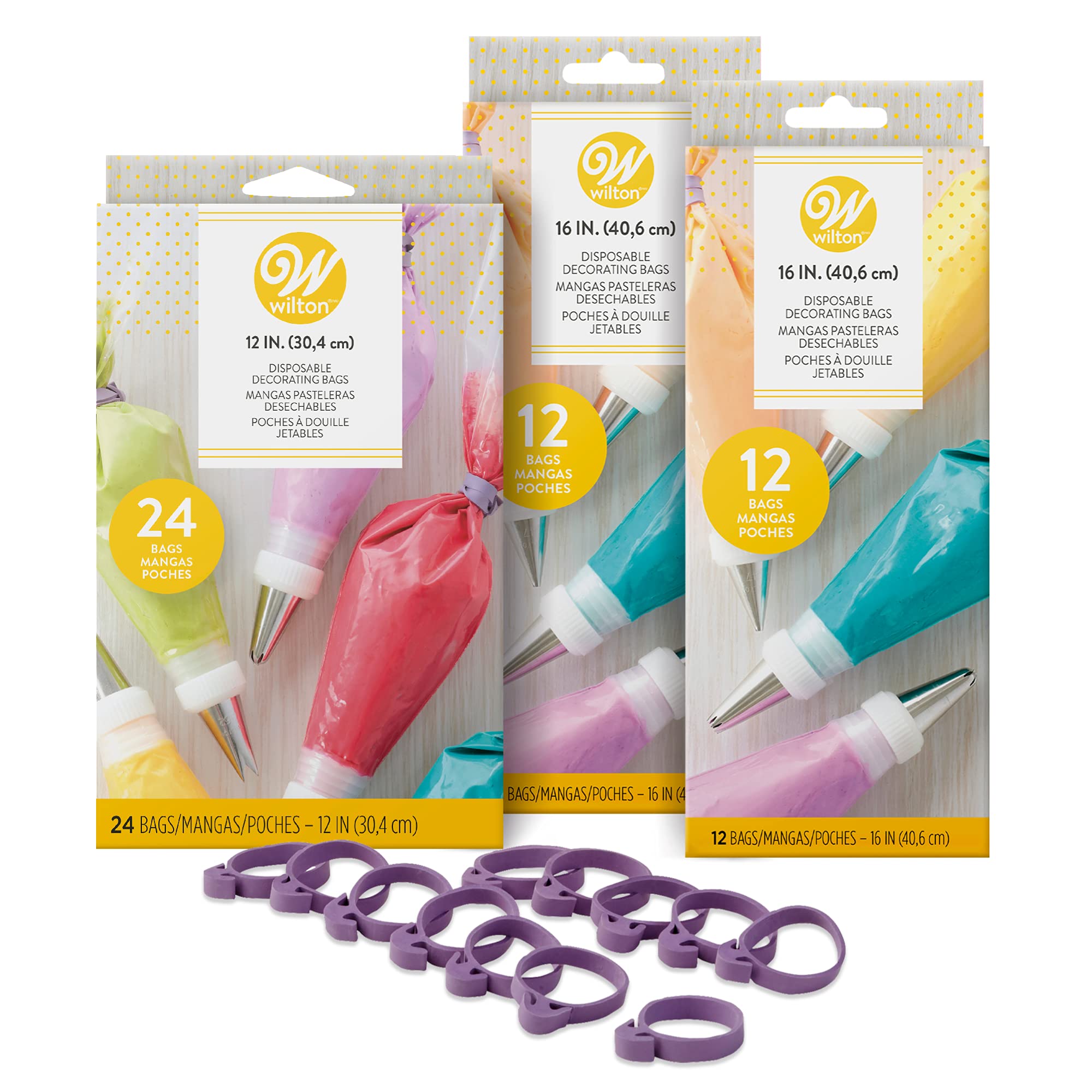 Wilton 2109-8435 Piping, 12in, 16in, Disposable Decorating, 12 Icing Bag Ties, 4 Pieces Set, Assorted