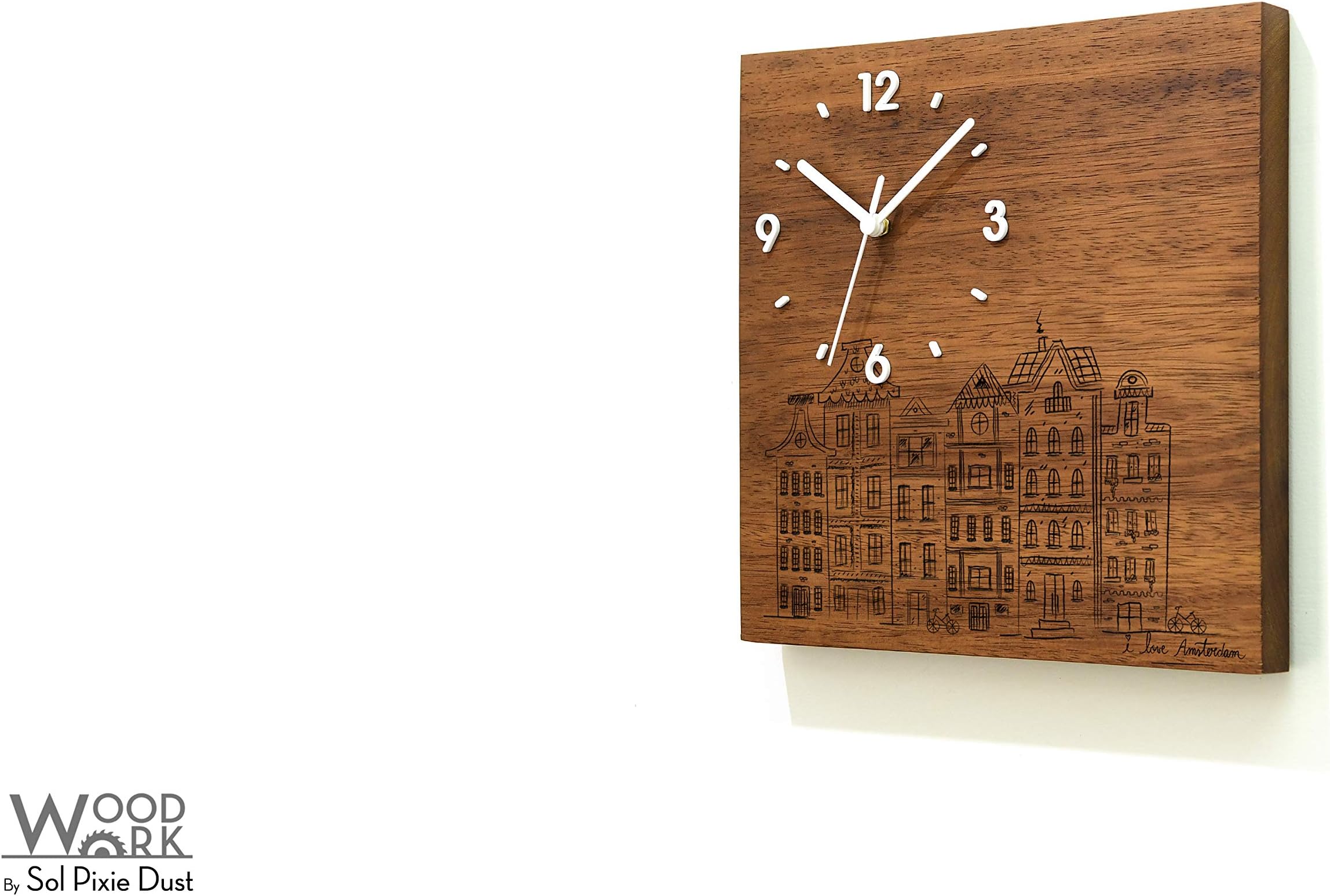 Solid Wood Wall Clock - I love Amsterdam - Wood Laser Engraved - Massive Wood Iroko - African Teak - Contemporary Wall Mounted Clock