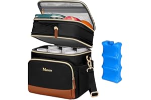 Mancro Expandable Bottle Cooler Bag Fits 6 Bottles Up to 9oz, Double Layer Breastmilk Cooler Bag with Ice Pack, Leakproof Breast Milk Cooler Travel Bag with Stroller Strap for Nursing Moms, Black