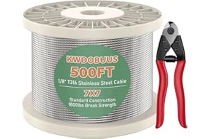 KWDOBUUS 500FT 1/8" T316 Stainless Steel Cable,7x7 Strand Construction 1800lb Breaking Strength Aircraft Cable with a Cutter for Deck Cable Railing, Indoor Outdoor DIY Stair Fence, Silver