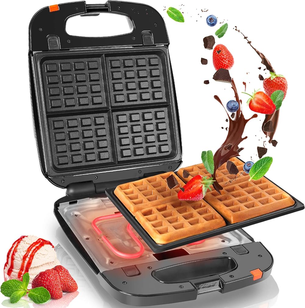 Duronic WM60 Waffle Maker 1200W Non Stick Plates 4 Waffles Croffles Belgian