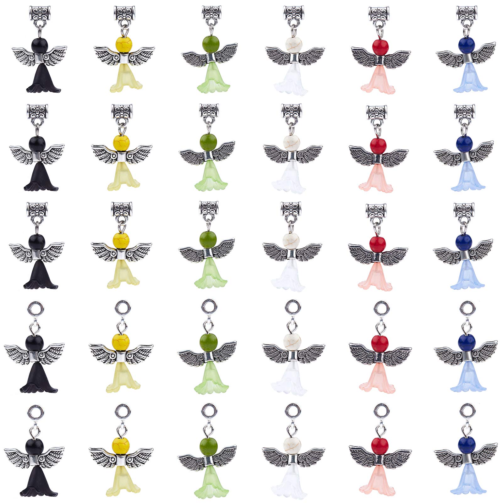 SUNNYCLUE 30Pcs Angel Charms Bulk Mixed Wedding Dress Wings Acrylic Beads Gemstone Healing Chakra Pendants for Jewelry Making and Crafting, Mixed Color