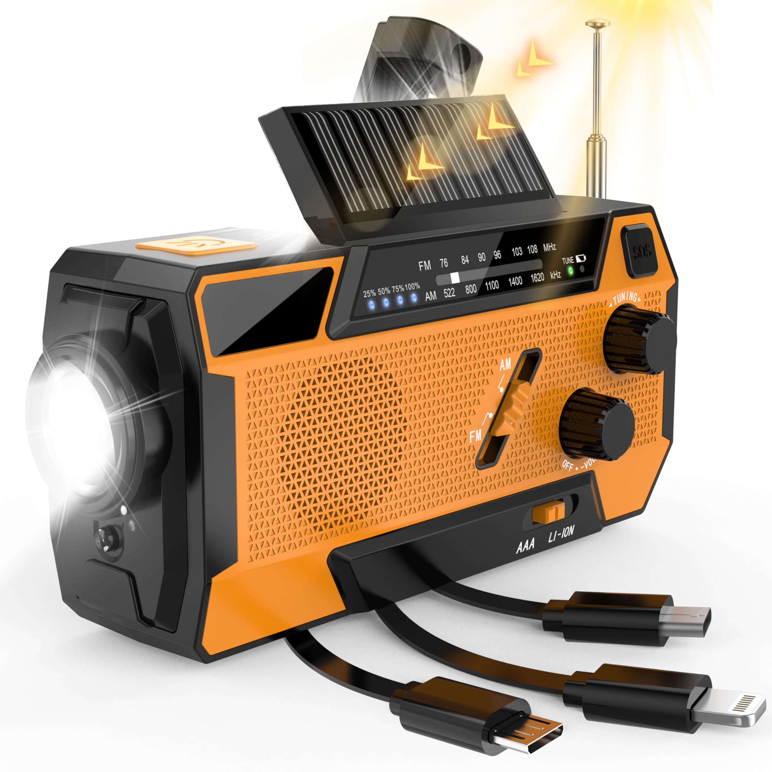 Greadio 2025 最新 多機能防災ラジオ 充電式 3で1 充電ケーブル内蔵 3種類のポータブル懐中電灯付き ソーラー 手回し発電 2000mAhバッテリー SOS緊急警報 震災 津波 台風などの緊急事態のため AM/FMラジオ 地震 津波 地震 防災グッズ 日本語取扱説明書付き（オレンジ）商品画像